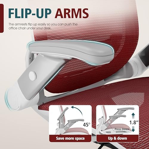 GABRYLLY Ergonomic Office Chair, High Back Home Desk Chair with 2D Flip-Up Arms, 3D Headrest, 90-120° Tilt and Wide Cushion, Big and Tall Mesh Chairs for Man Woman, Computer Task Chair Red - Image 4