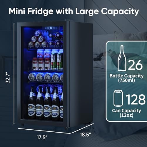 3.1 Cuft Beverage Fridge, 128 Can Mini Fridge, Glass Door, 35–65°F, Black - Image 4