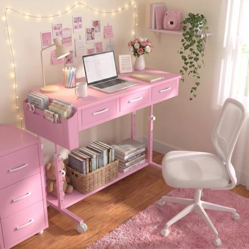 Pink Rolling Desk with Drawers, 40" Height Adjustable Girls Standing Desk - Image 4