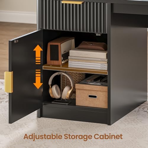 SEDETA 67" x 65" L Shaped Desk with Hutch, RGB LED Corner Computer Desk with Power Outlets, Fluted Home Office Desk with File Drawer, Storage & Glass Display Cabinets for Gaming & Working, Black - Image 6
