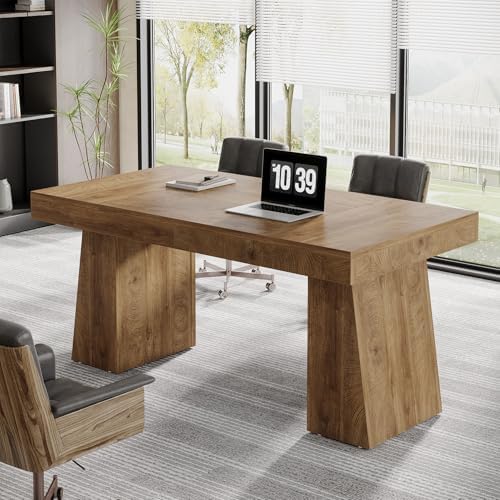 Tribesigns 55 Inches Executive Desk, Mid-Century Modern Home Office Desk, Wood MDF Computer Table Business Workstation Small Conference Table, Light Brown by Tribesigns