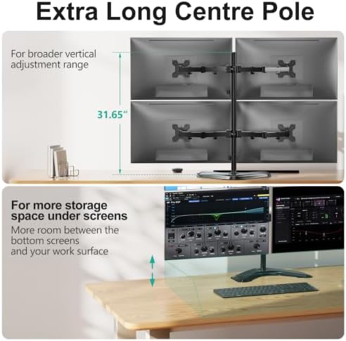 WALI 4 Monitor Stand for 13-27 inch Computer Screens up to 17.6lbs,Adjustable Quad Monitor Mount, Free Standing 4 Monitor Mount Full Motion with Tilt, Rotation, VESA Mount 75/100mm (MF004), Black - Image 6