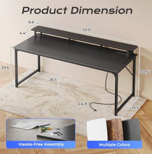 PRAISUN 55 inch Gaming Desk, LED & Power Outlets, Monitor Stand, Black - Image 3
