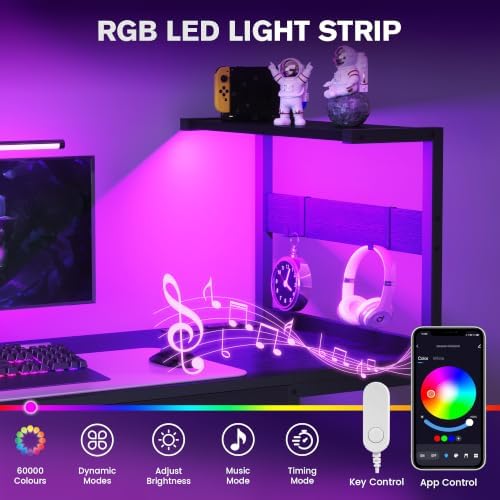 40 Inch Small Gaming Desk with Drawers & Led Lights & Storage Bag, Black - Image 6