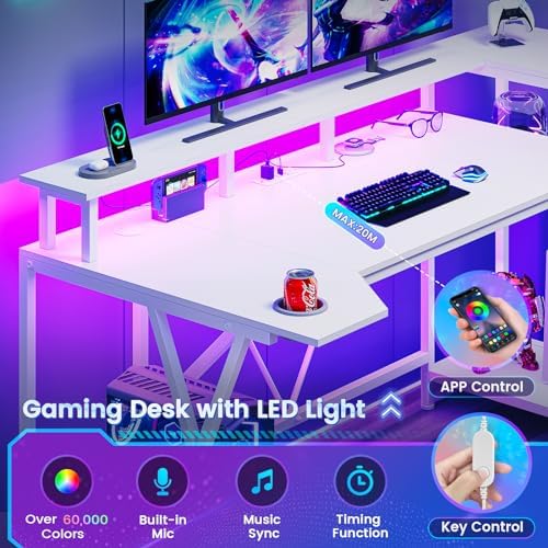 SEDETA White Gaming Desk 55'' with LED Lights and Storage Shelves - Image 4