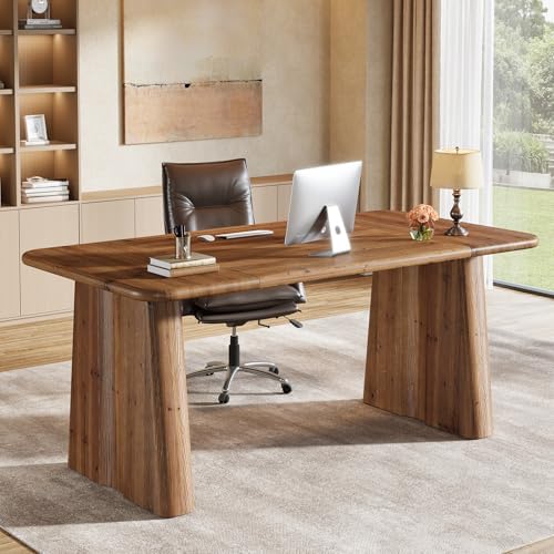 63-Inch Solid Wood Executive Desk, Large Office Computer Desk with Heavy Duty Legs, Simple Study Writing Table Business Workstation for Home Office, Bedroom, Vintage Brown by TribewoodbyTribesigns