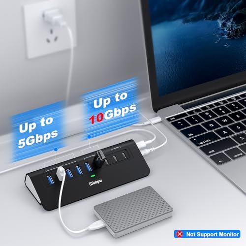Powered USB Hub 10Gbps, intpw YH6AC 9-Port USB HUB with USB A/USB C 3.2, 4 USB 3.0, 2 PD 45W Charging Port, 65W Power Adapter + 5FT Cable, Aluminum USB Hub for Laptop, PC,iPhone 17/16 - Image 4