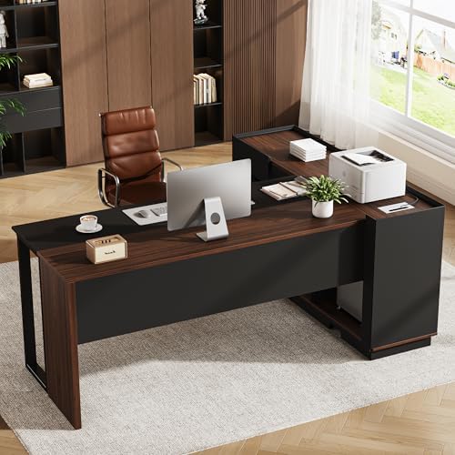 70" Executive Desk with Cabinet Storage, L-Shaped Office Desk with 3 Drawers and Shelves, Large Computer Desk Business Furniture for Home Office (Brown & Black) by vividwood