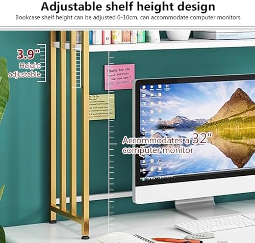 Metal Desk Hutch Dorm,2-Tier Desktop Bookshelf,Computer Desktop Organizer,Adjustable Display Rack for Home Office Dorm Countertop Storage Organizer (115cm/45.2", Gold White) - Image 5