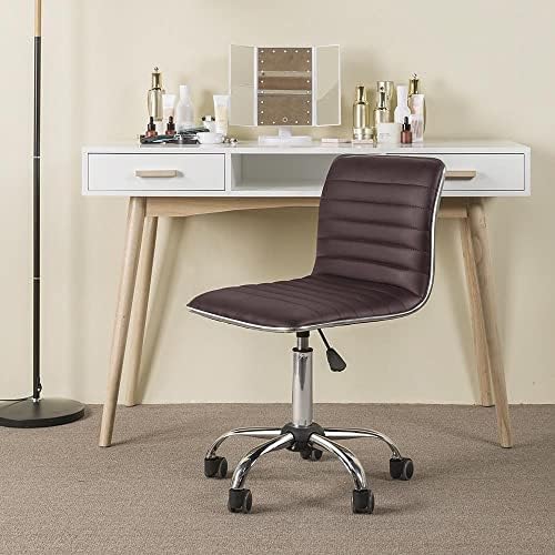 Yaheetech Brown Armless Vanity Desk Chair with Wheels, Ribbed PU Leather - Image 4