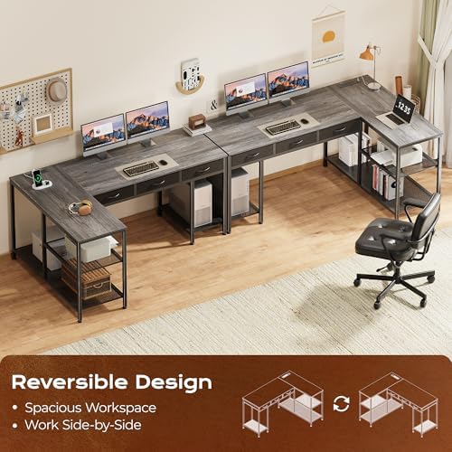 PRAISUN 55 Inch L Shaped Office Desk with Power Outlets and Type-C Port, Large Computer Gaming Desk with 3 Fabric Drawers, Mesh Shelves, Corner Study Work Writing Desk, Grey - Image 4