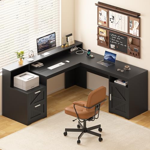63" Farmhouse L Shaped Desk with Drawers & Printer Shelf for Home Office by YomiluveDesign