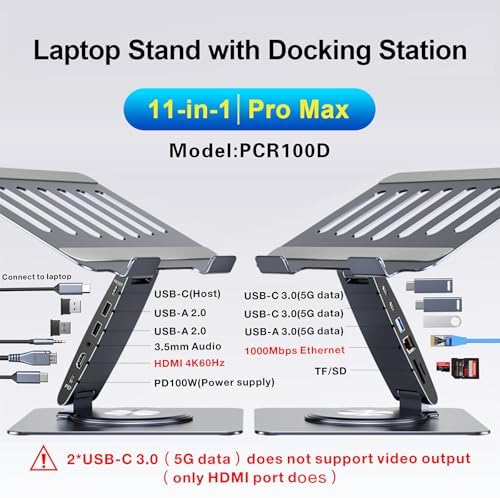 Laptop Docking Station for MacBook Pro/Air/Dell/HP/Surface HC 11-in-1 USB C Hub 360°Rotatable Laptop Stand with USB Hub 4K HDMI USB 3.0 PD100W 3.5mm Audio Jack RJ 45 TF/SD Reader Universal Laptop Dock - Image 2