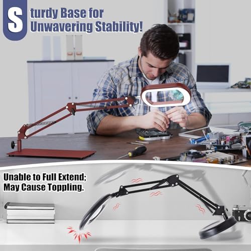 Drdefi 12X Square Magnifying Glass with Light and Stand, Real Glass LED Lighted Magnifier, 5 Color Modes Stepless Dimmable, Hands-Free Mag Desk Lamp with Clamp for Reading Craft Hobby Close Work Red - Image 3