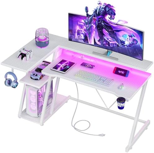 Korfile 47 Inch White Gaming Desk with Power Outlet & LED Lights, Corner Computer Desk with 3 Tiers Storage Shelves, L Shaped Gaming Desk with Monitor Stand for Bedroom by Korfile