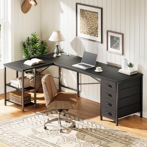 Huuger 55 Inch L Shaped Desk with Fabric Drawers, Reversible Computer Gaming Desk with Power Outlets and USB-C Port, Adjustable Side Storage Shelves, for Work Study Corner Home Office, Black - Image 7