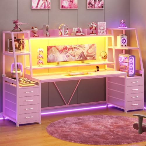 SEDETA 79'' Gaming Desk with LED Lights,8 Drawers and Storage Shelves, Pink by SEDETA