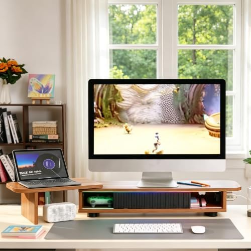 Artswish Dual Monitor Stand with Power Outlet, Brown Desk Monitor Riser - Image 3