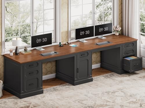 SEDETA Farmhouse 110.3" Two Person Desk with 7 Drawers, Long Computer Desk with Storage Cabinet, 2 Person Desk with Power Outlets for Home Office, Black+Brown by SEDETA