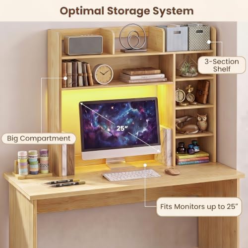 LDAILY Desktop Bookshelf with LED Lights, 35.5’’ Wooden Desk Shelf with 8 Cubes & 3 Adjustable Storage Shelves, 5-Tier Desk Hutch for Dorm College Office Computer Monitor Up to 25’’(Burlywood) - Image 4