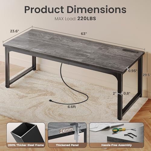 Huuger 63 x 24 inch Desk with Power Outlets & 0.95 Inch Thicker Desktop - Image 2