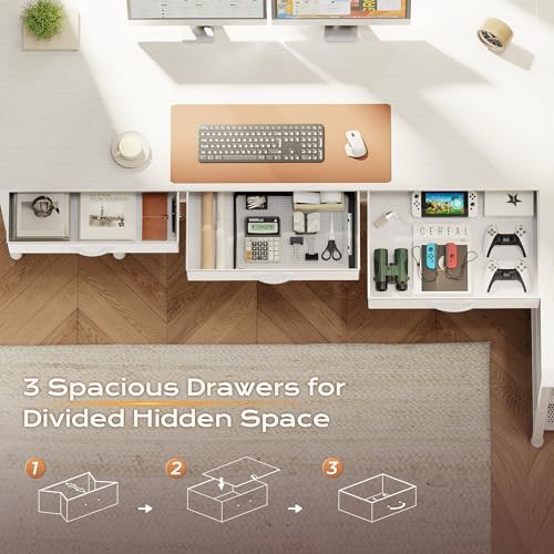 PRAISUN 63 Inch L Shaped Office Desk with Power Outlets and Type-C Port, Large Computer Gaming Desk with 3 Fabric Drawers, Mesh Shelves, Corner Study Work Writing Desk, White - Image 7