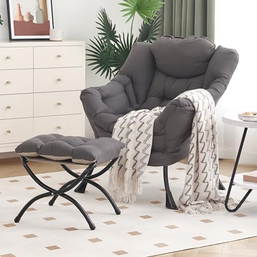 Furlide Lazy Chair with Ottoman, Modern Chair with Folding Footrest, Dark Grey Accent Chair, Comfortable Reading Chair, Oversized Armchairs for Bedroom, Study, Living Room, Courtyard by Furlide
