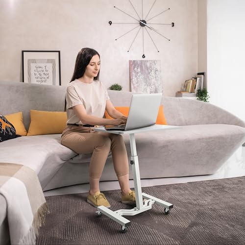 SHW Mobile Height Adjustable Laptop Rolling Cart w/Lockable Wheels, White - Image 2
