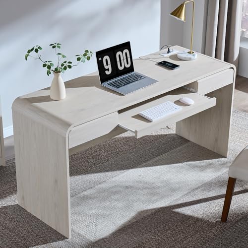 63" Modern Computer Desk with 2 Drawers, Wood Curved (Cream) by ALLTUFOYourDailyEssential