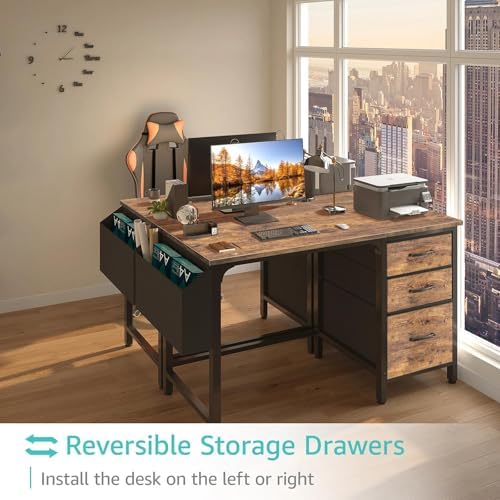 Lufeiya Computer Desk with File Drawers Cabinet, 47 Inch Reversible Home Office Desks with Fabric Filing Cabinet for Small Space, Study Writing Table PC Desks, Rustic Brown - Image 4