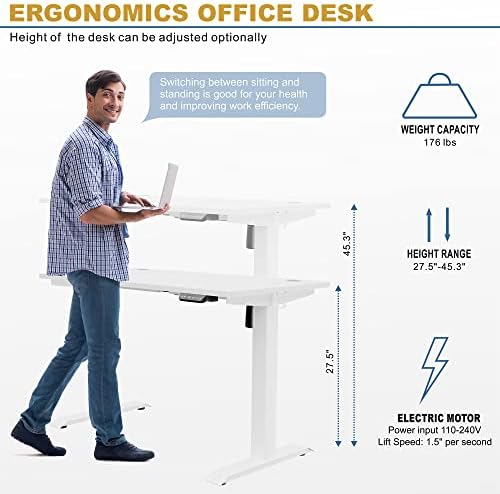 Shintenchi Electric Standing Desk, 48 x 24 Inch Height Adjustable Sit Stand Desk Morder Home Office Stand Up Desk Computer Work Station with Splice Board, (White Frame + White Top) - Image 3