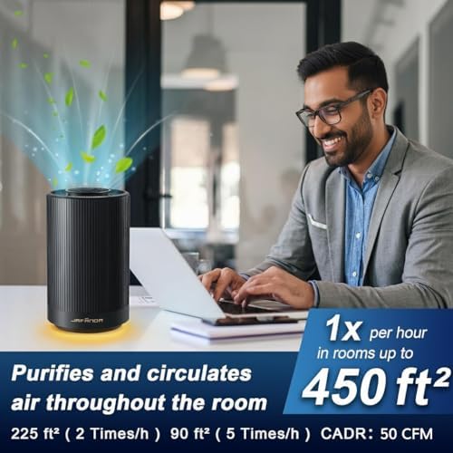 Small Air Purifiers for Home Bedroom Coverage 450 sqft, 22 dB Quiet Air cleaner with Brushless Motor, for 99.97% Dust Smoke Odor Pollen Pets Hair Dander, Night Light, JF100 Black - Image 7