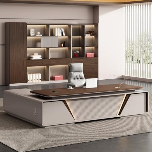 Executive Office Desk with Storage Cabinet,Modern l Shaped Executive Desk,50MM Thick Desktop for CEO Office, Reception & Commercial Workspace by Unknown
