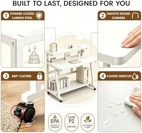 47.2 Inch Compact Rolling Computer Desk with Tier Worktable & Lockable Wheels, Small Computer Desk, Small Desk for Bedroom, Mobile Writing Workstation Easy Assembly for Home Office Small Spaces - Image 7
