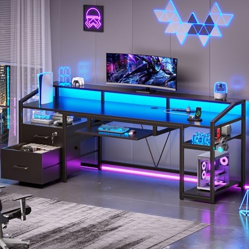 SEDETA 63" Computer Desk, Office Desk with Lockable Drawers for Legal/Letter File, Gaming Desk with LED Lights & Power Outlet, Home Office Desks with Storage, Black - Image 3