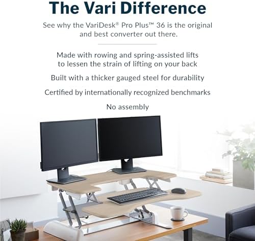 Vari VariDesk Pro Plus 36 Standing Desk Converter – 11 Height Settings + Spring Lift, 2 Tier Design, Keyboard Tray, Fits Desktops 36” Wide x 26.5" Deep – Delivers Fully Assembled (Light Wood) - Image 4