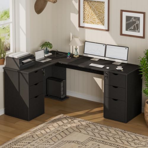 WINAZ 66" L Shaped Desk with 6 Lockable Drawers, Black Corner Computer Desk - Image 2