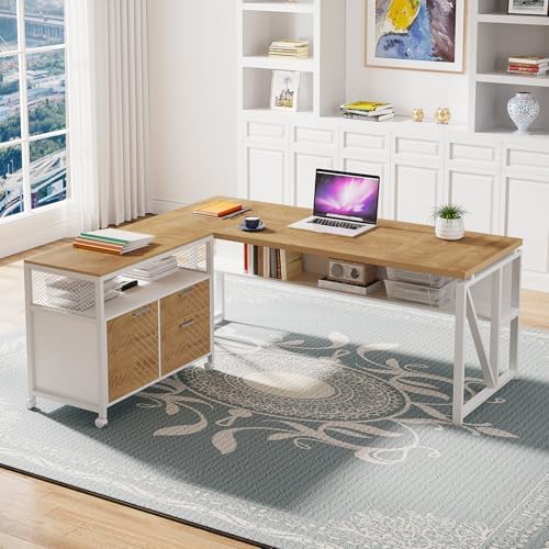 Tribesigns L Shaped Desk with Drawer Cabinet, 63" Executive Computer Desk and lateral File Cabinet, 2 Piece Home Office Furniture with Drawers for Hanging, Doors with Locks (Light Walnut, 63 inches) - Image 5