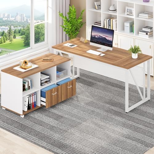 Tribesigns 63-Inch Executive Computer Desk with 47-Inch Lateral File Cabinet, Large Workstation Business Furniture, L Shaped Desk with Drawers and Storage Shelves for Home Office, Walnut & White - Image 3