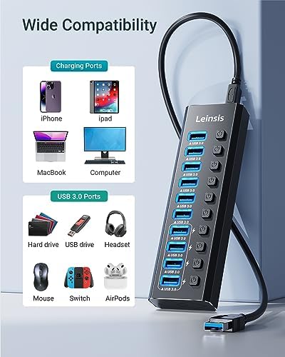 Powered USB Hub 3.0, Leinsis 10-Port USB 3.0 Hub [Durable Aluminum] 10 Data Transfer Ports+ 4 Smart Charging Ports with Individual On/Off Switches, USB Hub 3.0 Powered with Power Adapter for Laptop PC - Image 6