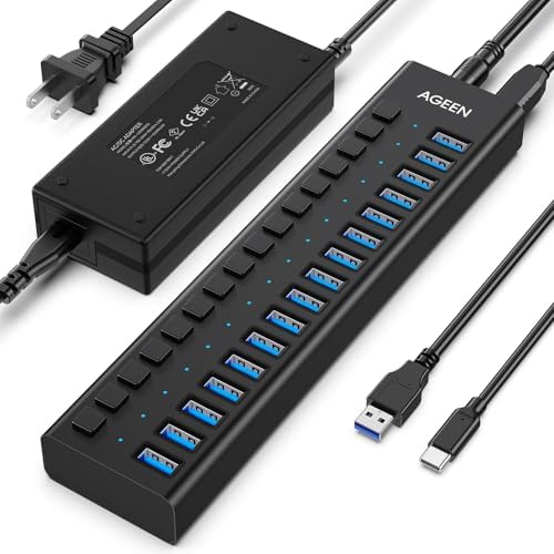 AGEEN 16-Port Powered USB 3.2 Hub, 10Gbps Data Transfer, 96W Power Adapter by AGEEN