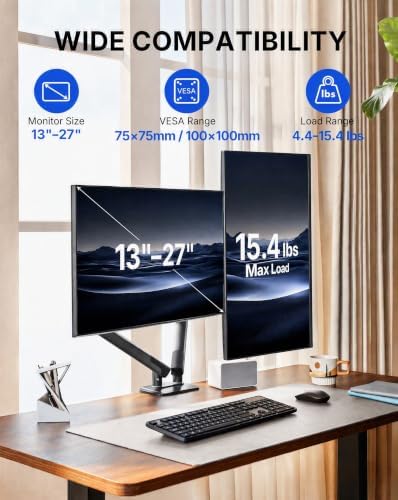 HUANUO FlowLift Pro Dual Monitor Mount for 13–27" Screens, MechaSpring Monitor Stand, Adjustable Monitor Arms for 2 Monitors with Tilt/Swivel/Rotation, Tool-Free VESA Mount, Max Load 15.4 lbs - Image 2
