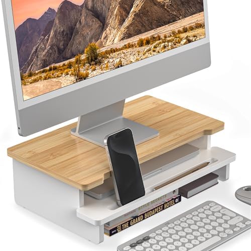 16.5” Bamboo Monitor Stand with Phone & Tablet Holder Desk Shelf by WELLWENG