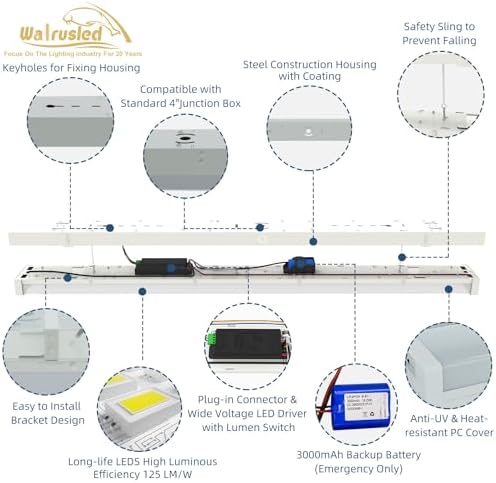 4FT LED Wraparound Emergency Stairwell Light, Battery Backup, IP20, 20W(2500lm)/40W(5000lm), 3/4/5000K CCT Selectable, 100-277V, Flush Mount Commercial LED Wrap Shop Ceiling Light Fixture, FCC - Image 5