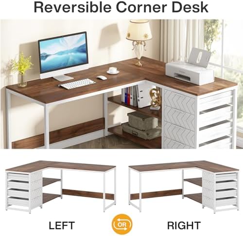 Tribesigns L Shaped Computer Desk with Storage Drawers, 59 inch Corner Desk with Shelves, Reversible L-Shaped Office Desk Study Writing Table Workstation for Home Office, Walnut & White - Image 6