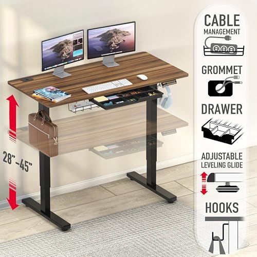 SHW 48-Inch Electric Height Adjustable Standing Desk w/Drawer, Walnut - Image 4