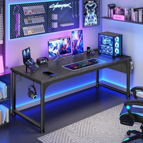 DurayLoly 55 x 24 inch Desk, 24mm Thick Heavy Duty Computer Desk with RGB LED & Power Outlets, Gaming Desk with Detachable Stand, 150LBS Load Capacity, Work Gaming Desk for Home Office, White by Durayloly