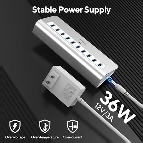 Powered USB Hub 10Gbps, intpw USB Port Hub with 10 Port USB 3.1 Data, 36W Power Adapter, 3.3FT USB-A & USB-C Cables, Aluminum USB Hub for PC, Laptop, Mac, Desktop - Image 4