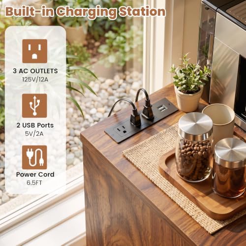 Unikito Coffee Bar Cabinet with Mini Fridge Space & Power Outlet, Walnut - Image 4
