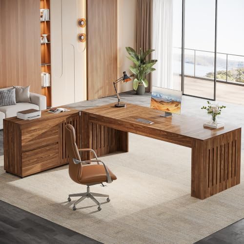 Tribesigns 70.87" Executive Desk with Mobile File Cabinet, Large L-Shaped Computer Office Desk with Rolling Storage Drawers, Business Workstation Set with Slatted Legs for Home Office, Brown - Image 4